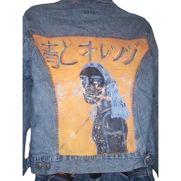 French Cuff Denim Embroidered Jacket Women Sz L Big Graphic Casual Boho - Picture 5 of 6